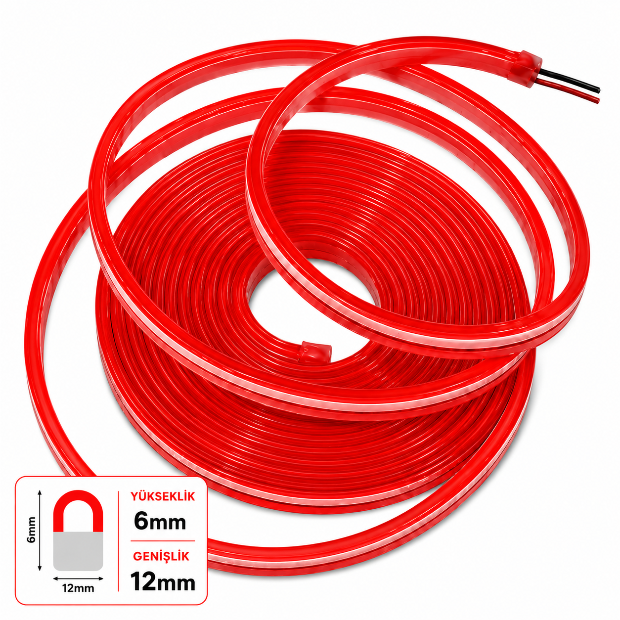 Neon Led 12V 6x12mm 2,5/cm Kes. Full Silikon-5 Metre-Kırmızı